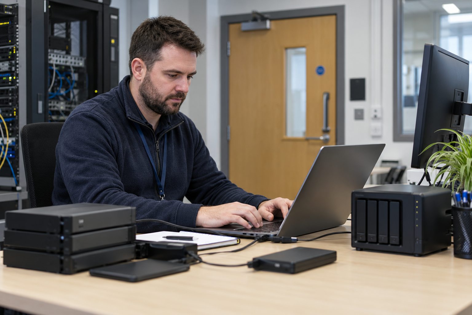 Technician checking a backup and recovery setup