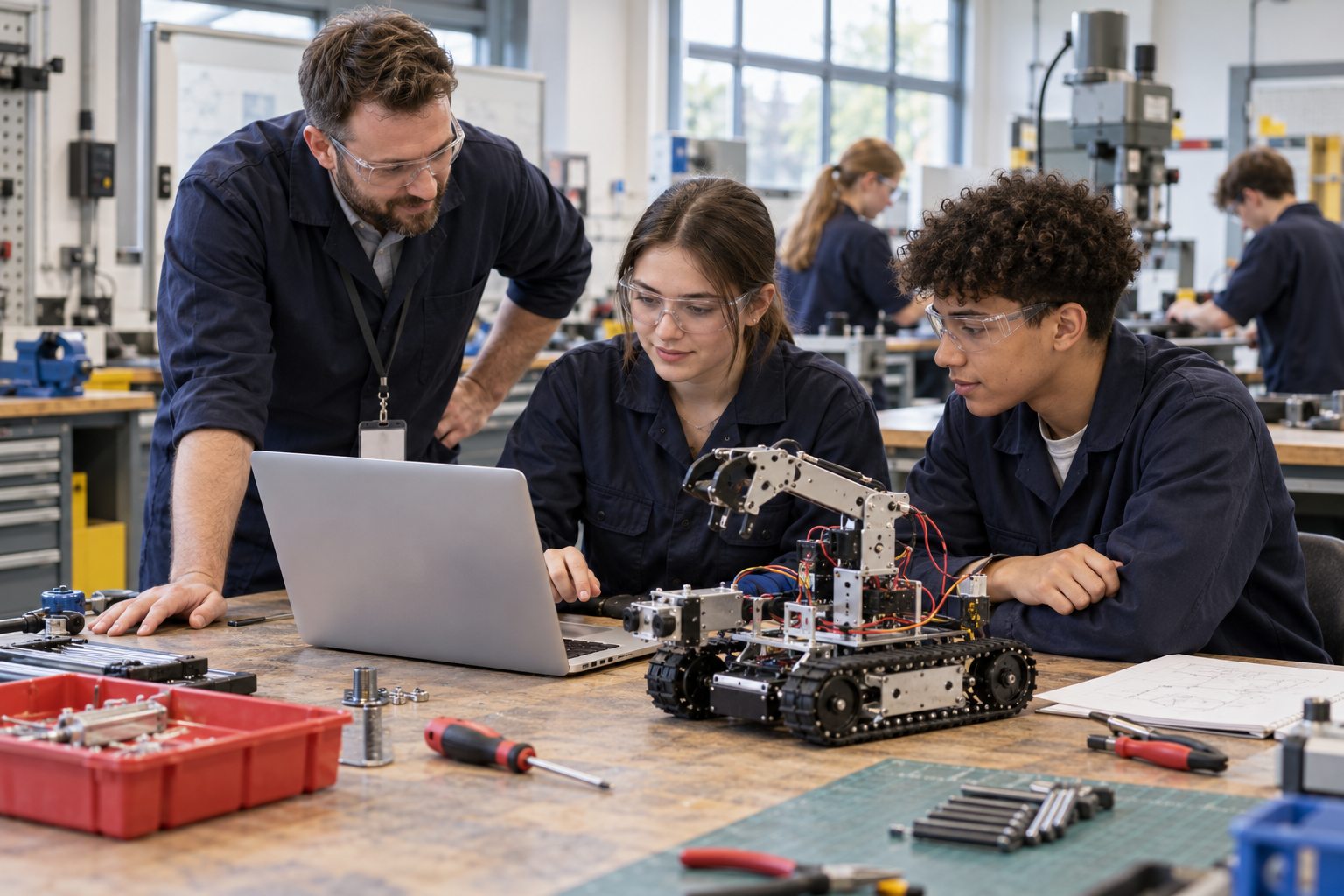 College learners and tutor working on a robotics project