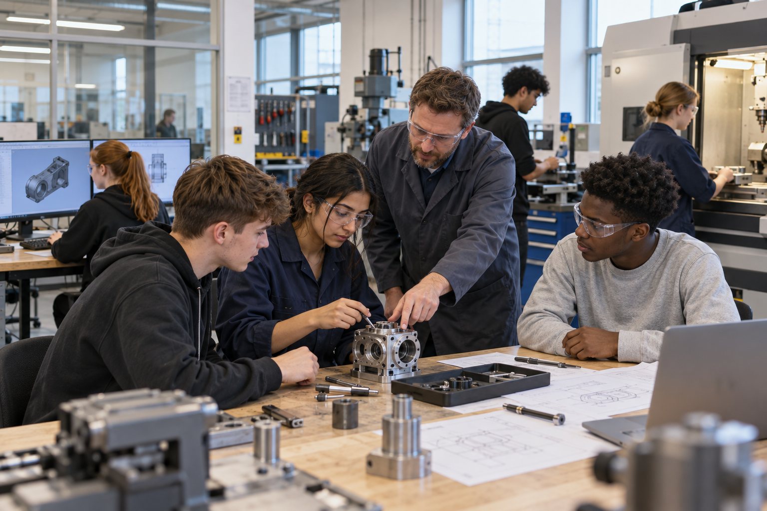 College learners in an engineering workshop
