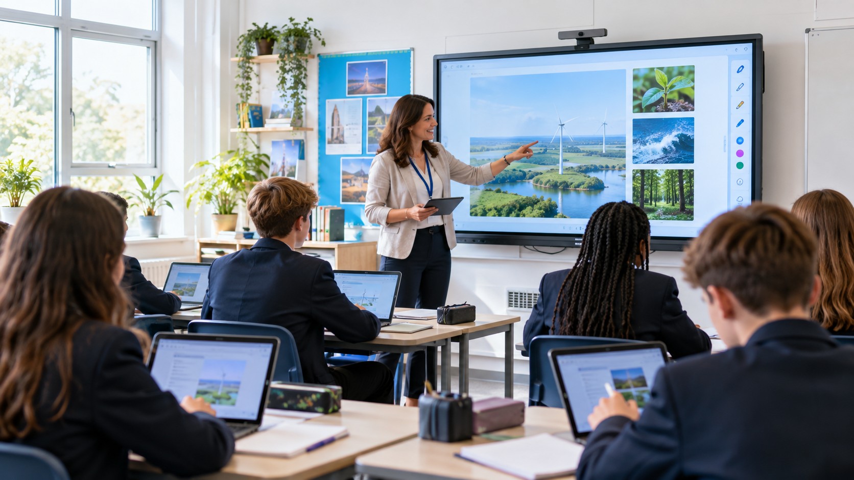Teacher and pupils using connected classroom technology