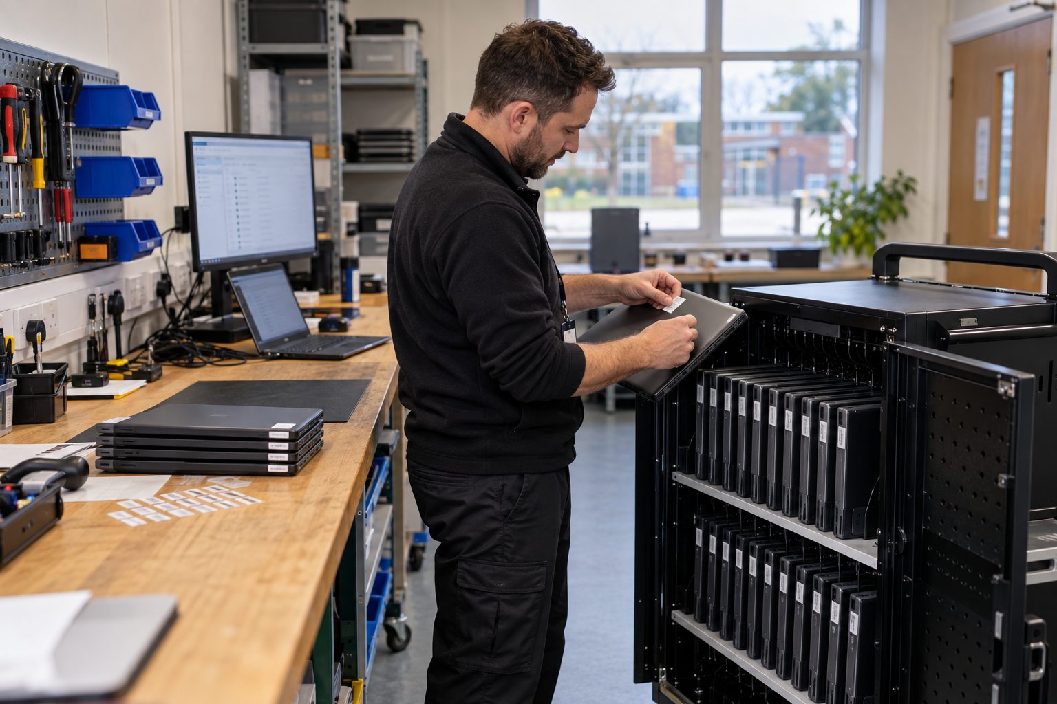 Technician preparing and checking education devices