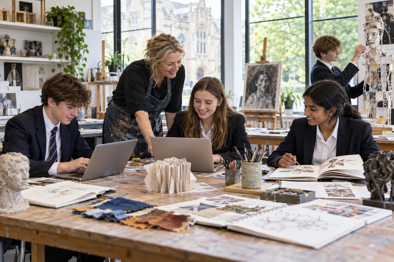 Pupils and teacher using laptops and sketchbooks in an art studio