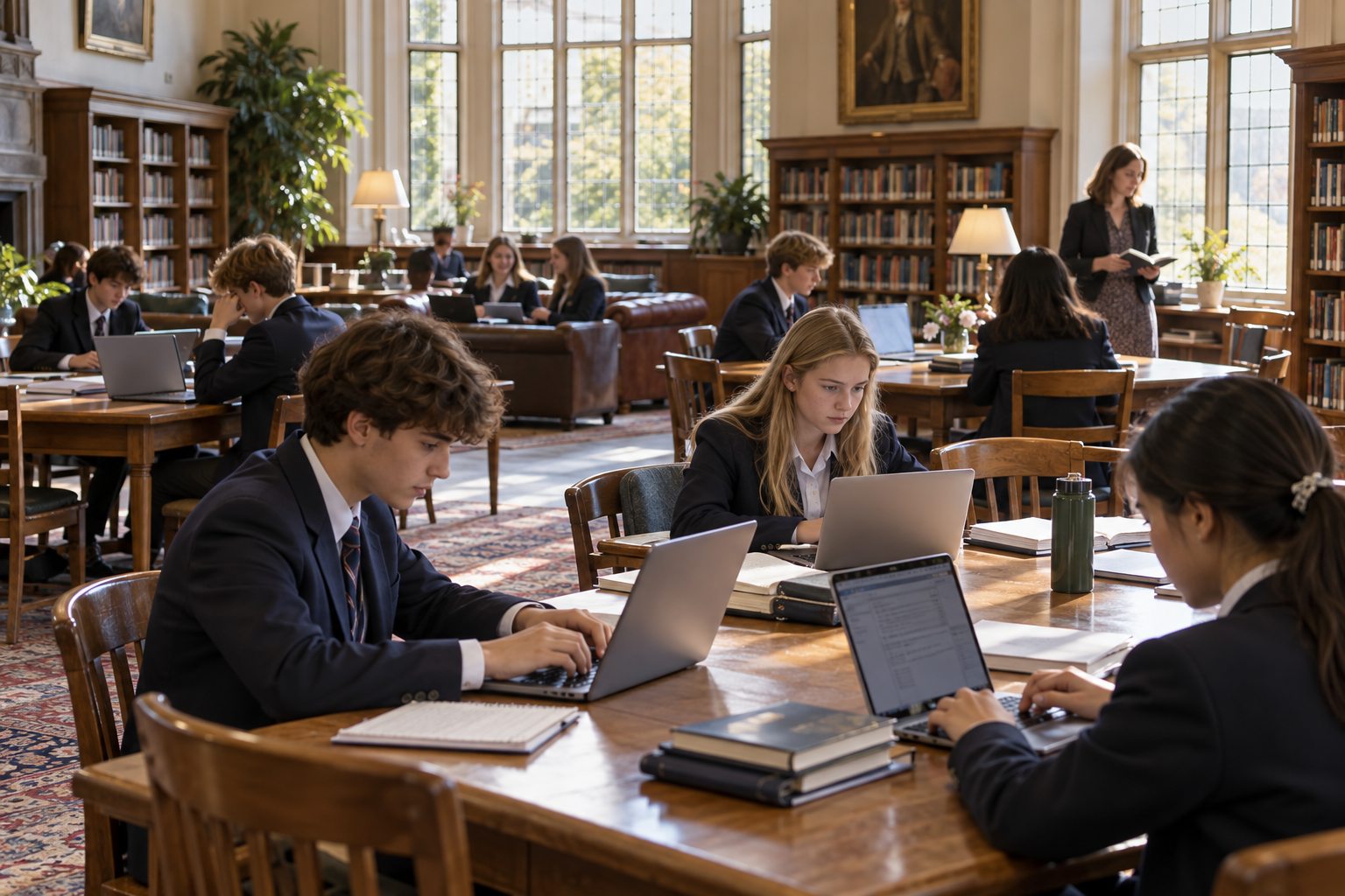 Pupils using laptops in an independent school library
