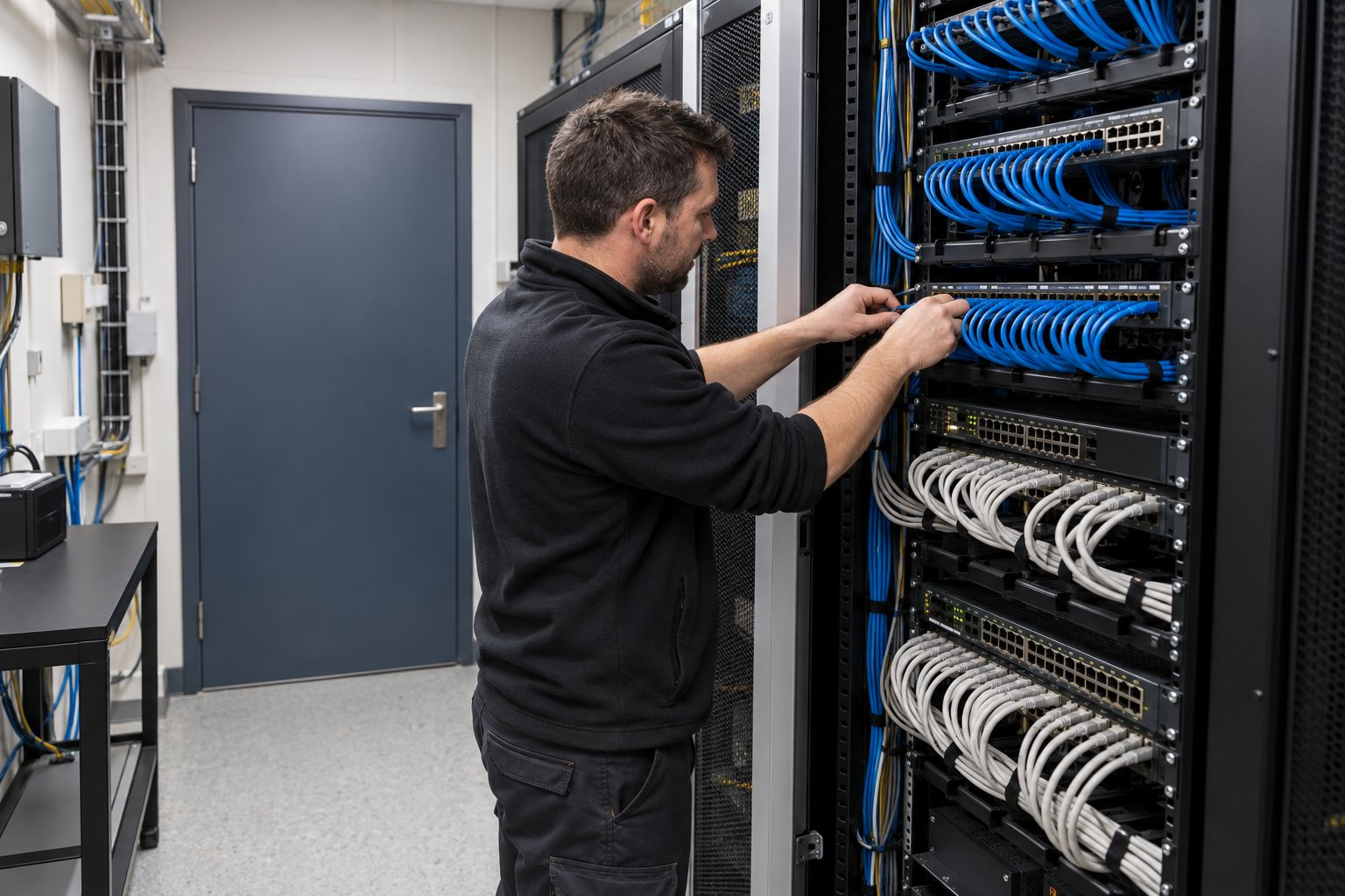 Technician working in a dedicated network room