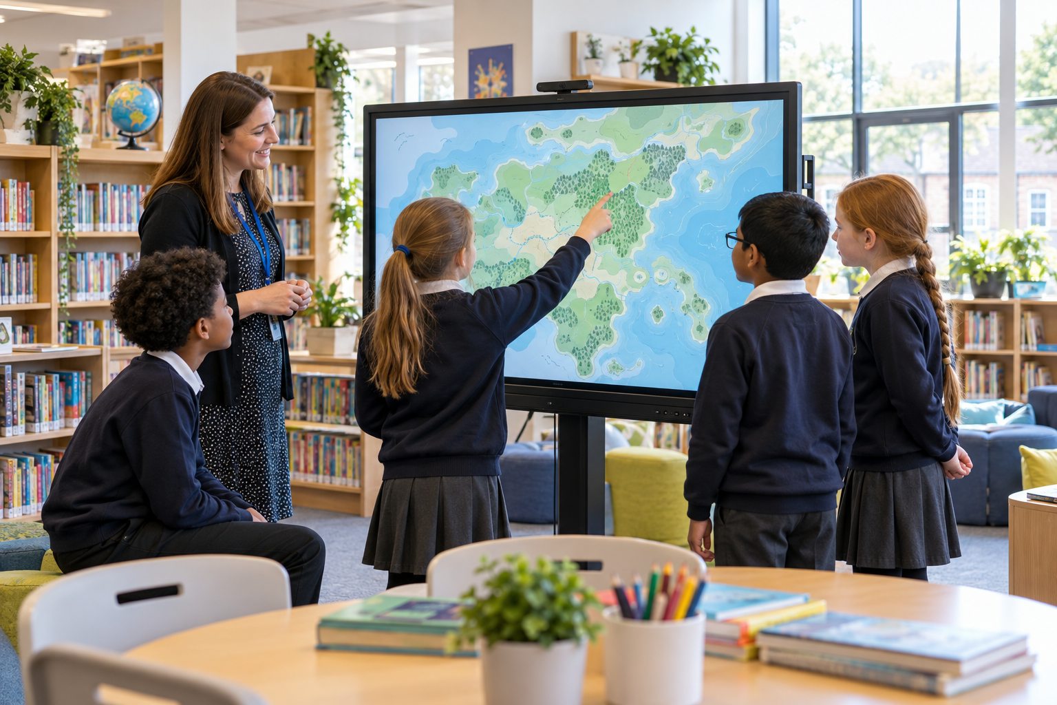 Teacher and pupils using an interactive display in a school library