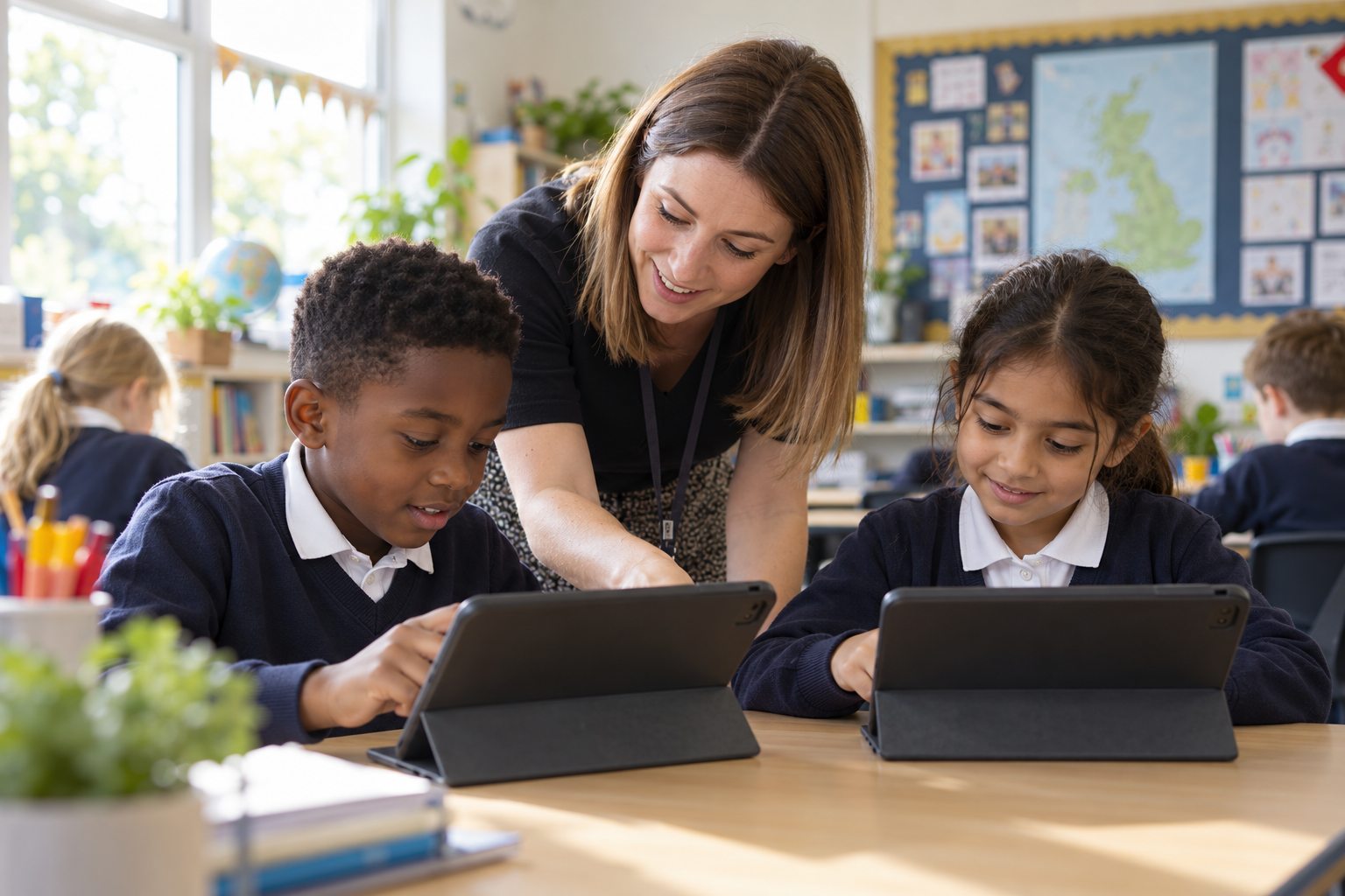 Pupils using tablets together in a classroom