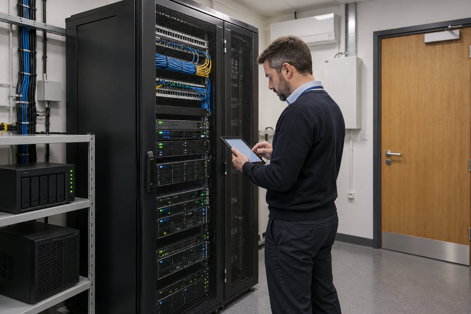 IT professional inspecting servers and backup equipment