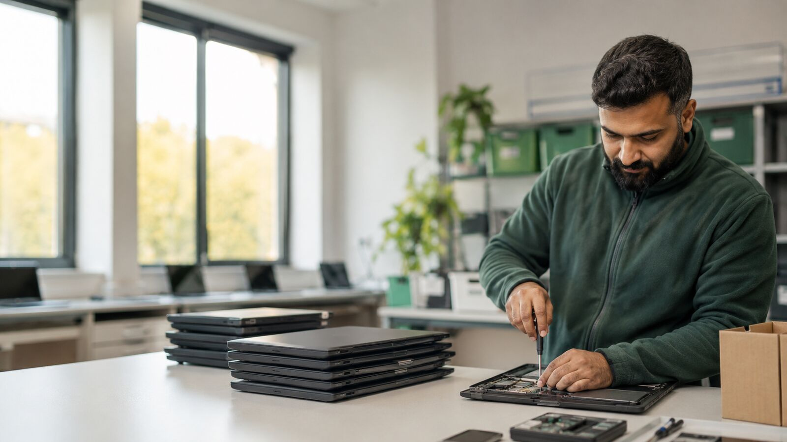 Technician preparing devices for reuse